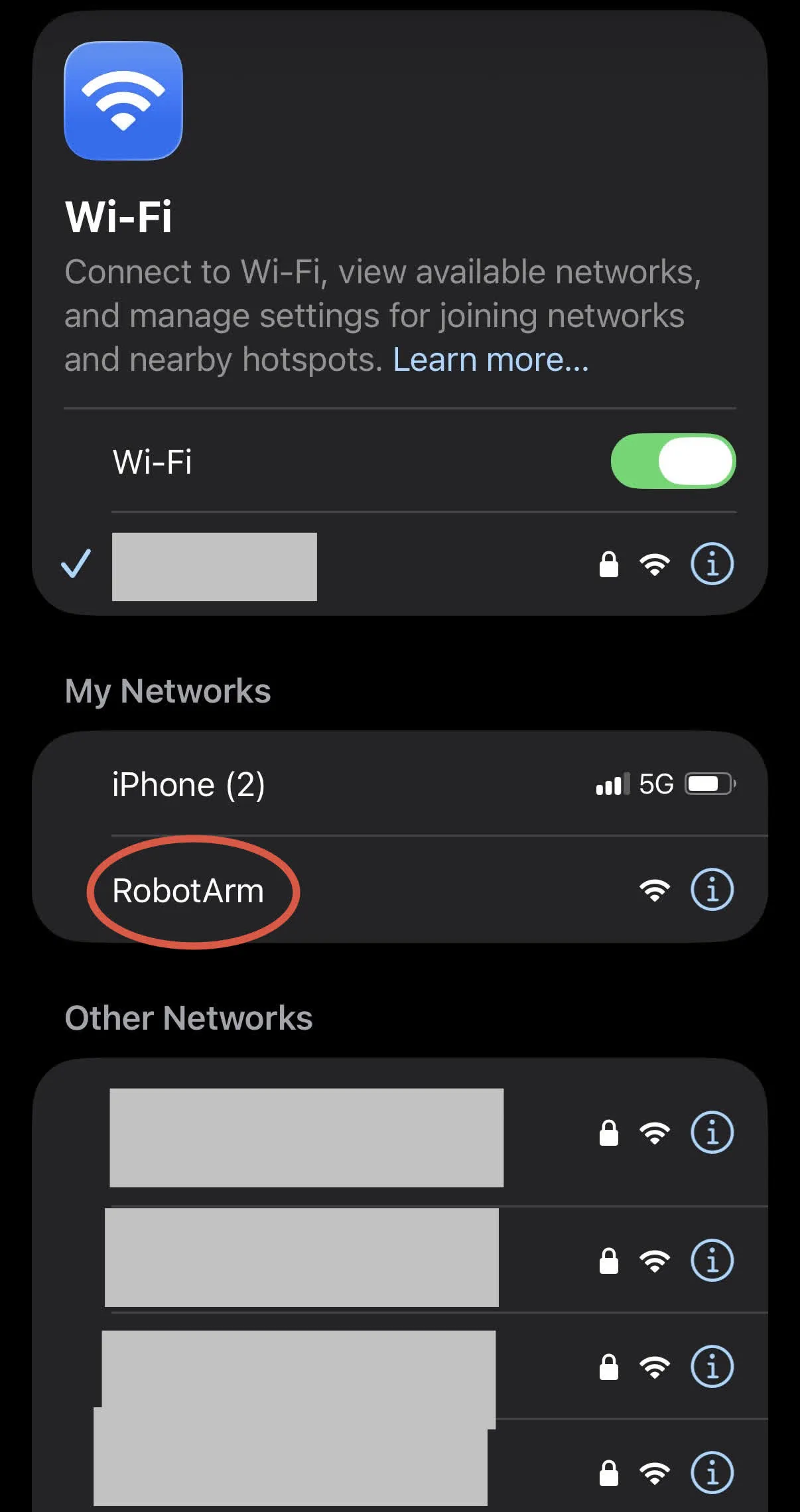 Robotic Arm build — Connect to the Arm: Connect to the network named RobotArm under Other Networks.