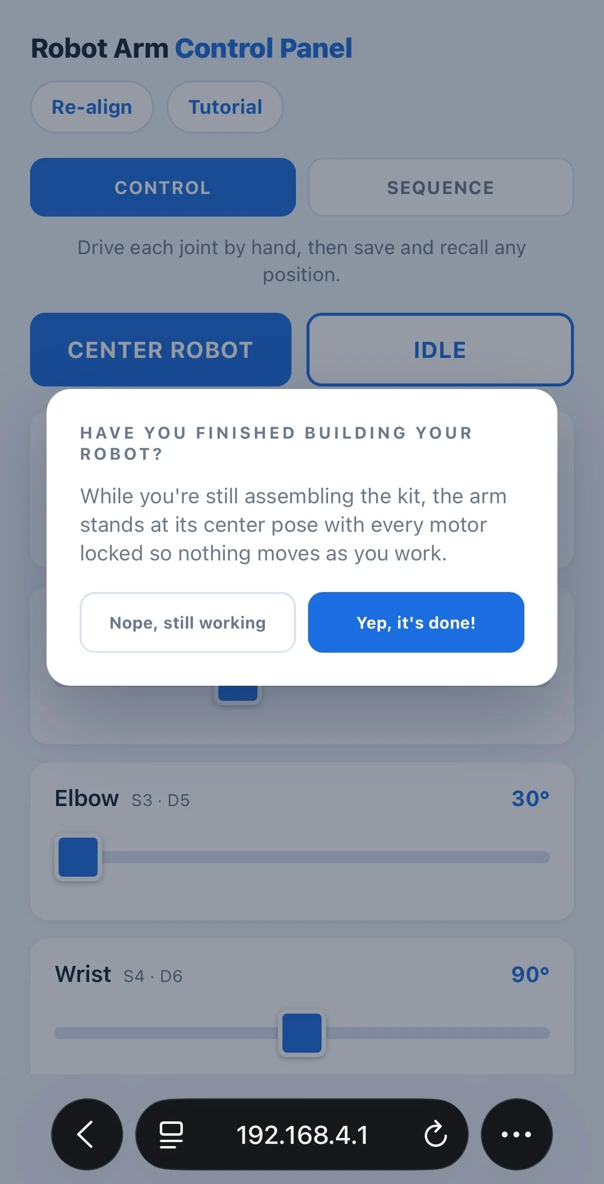 Robotic Arm build — Connect to the Arm: The control page opens automatically, or visit 192.168.4.1 in your browser.