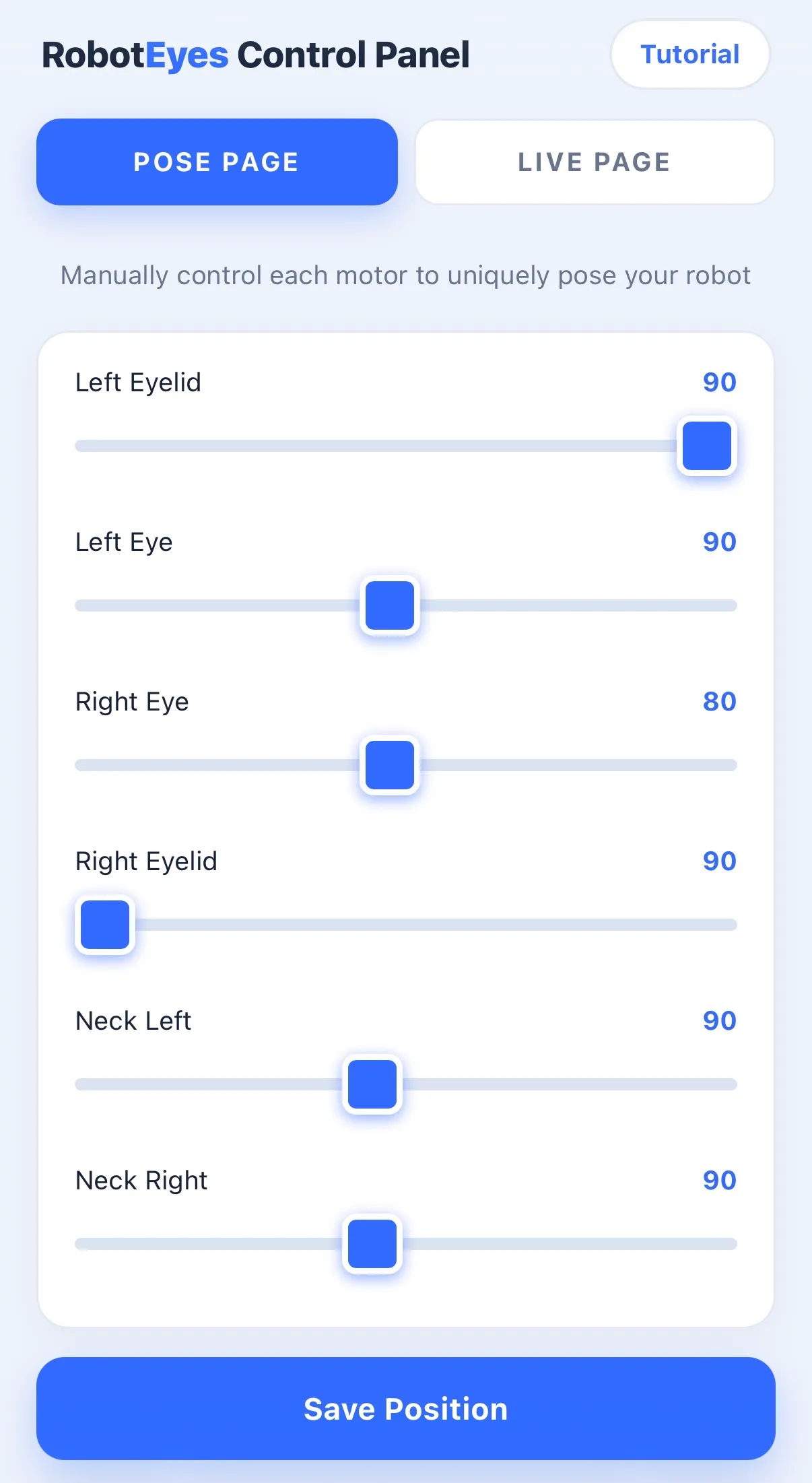 Robotic Eyes kit — Wirelessly-Controlled Kit: The RobotEyes control page — you’re all connected and ready to go.