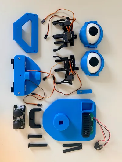 Robotic Eyes Kit mid-pose showing the eyes turning and eyelids closing
