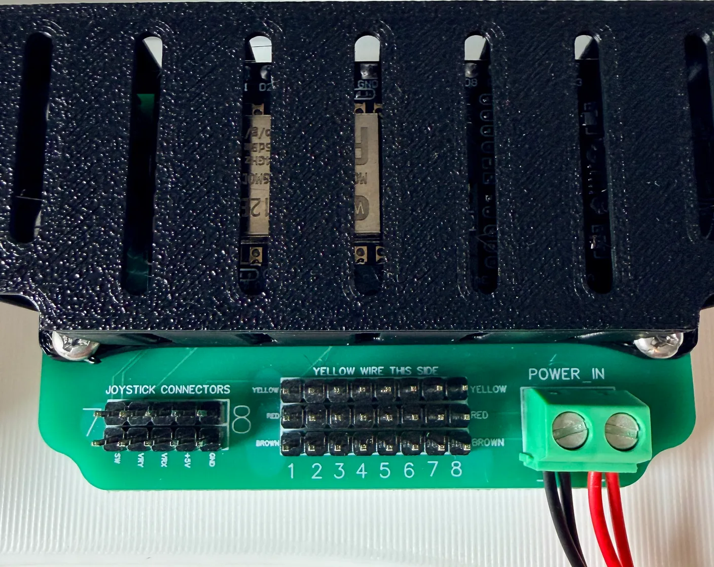 Robotic Arm build — Start with the Base: The circuit board’s pin layout — the joystick connectors on the left and the numbered servo pins on the right.