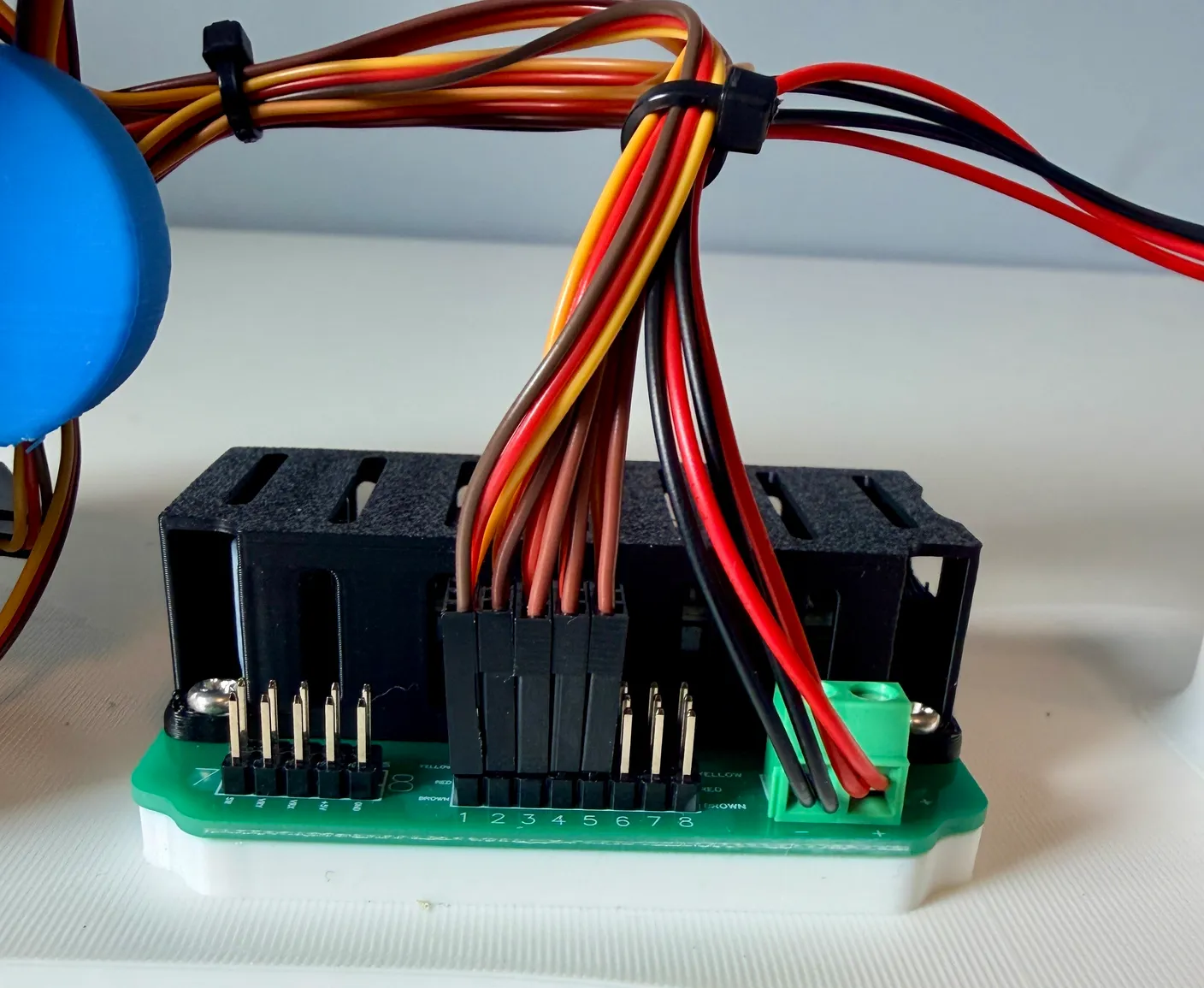 Robotic Arm build — Wire Management: Bundle the servo wires and battery connectors at the circuit board.
