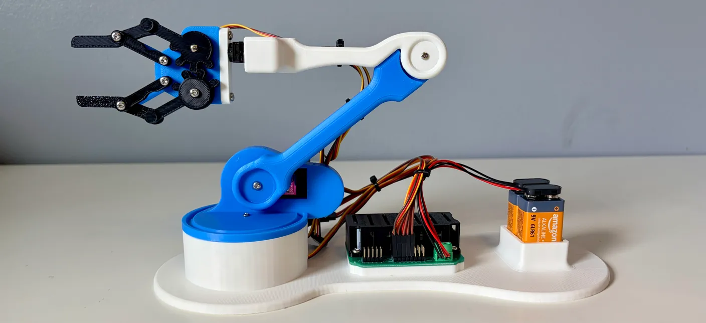 Robotic Arm build — Connect to the Arm: Your robot should now look like this, with the wires still to be tidied up.