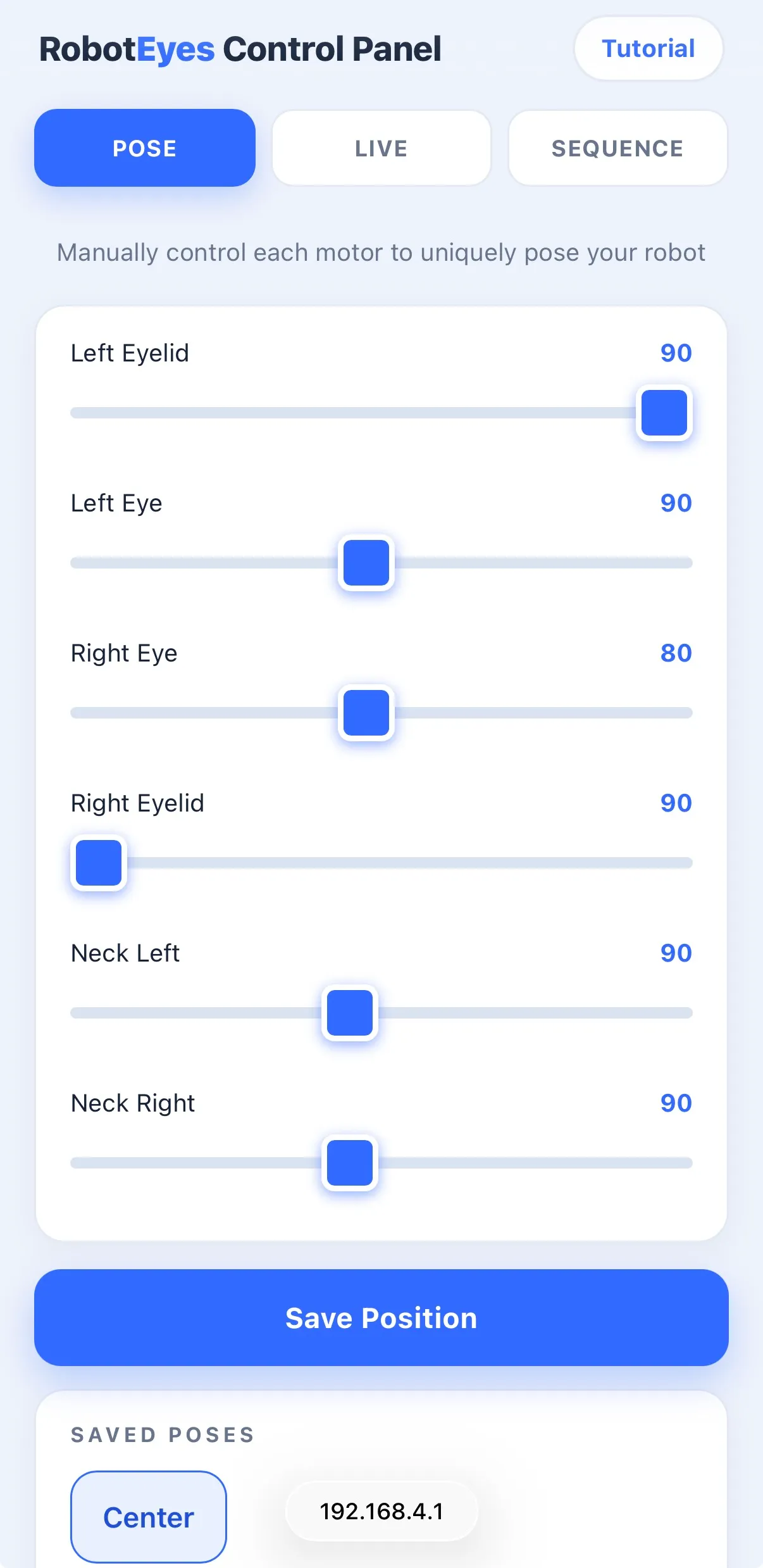 Robotic Eyes kit — Wirelessly-Controlled Kit: The RobotEyes control page — you’re all connected and ready to go.