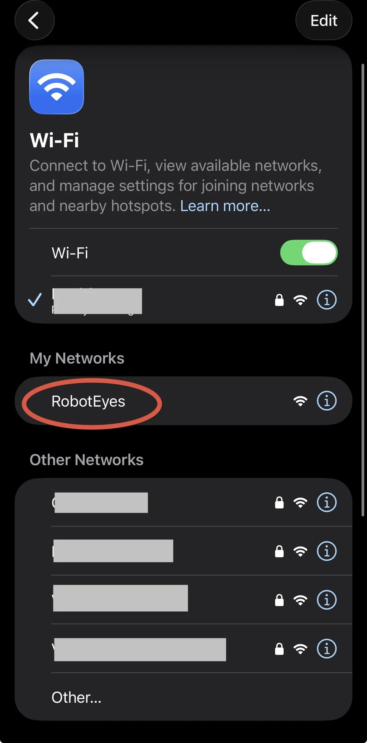 Robotic Eyes kit — Wirelessly-Controlled Kit: Look for the “RobotEyes” network and tap on it to connect.