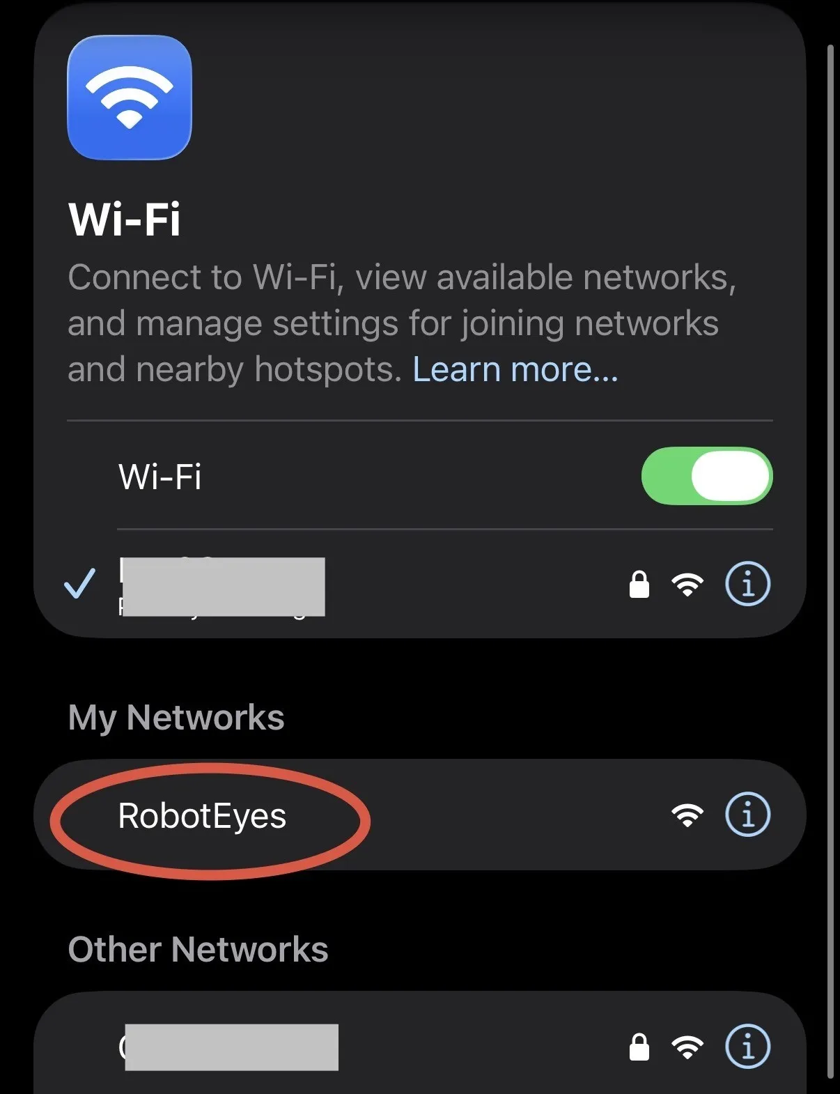 Robotic Eyes kit — Wirelessly-Controlled Kit: Look for the “RobotEyes” network and tap on it to connect.