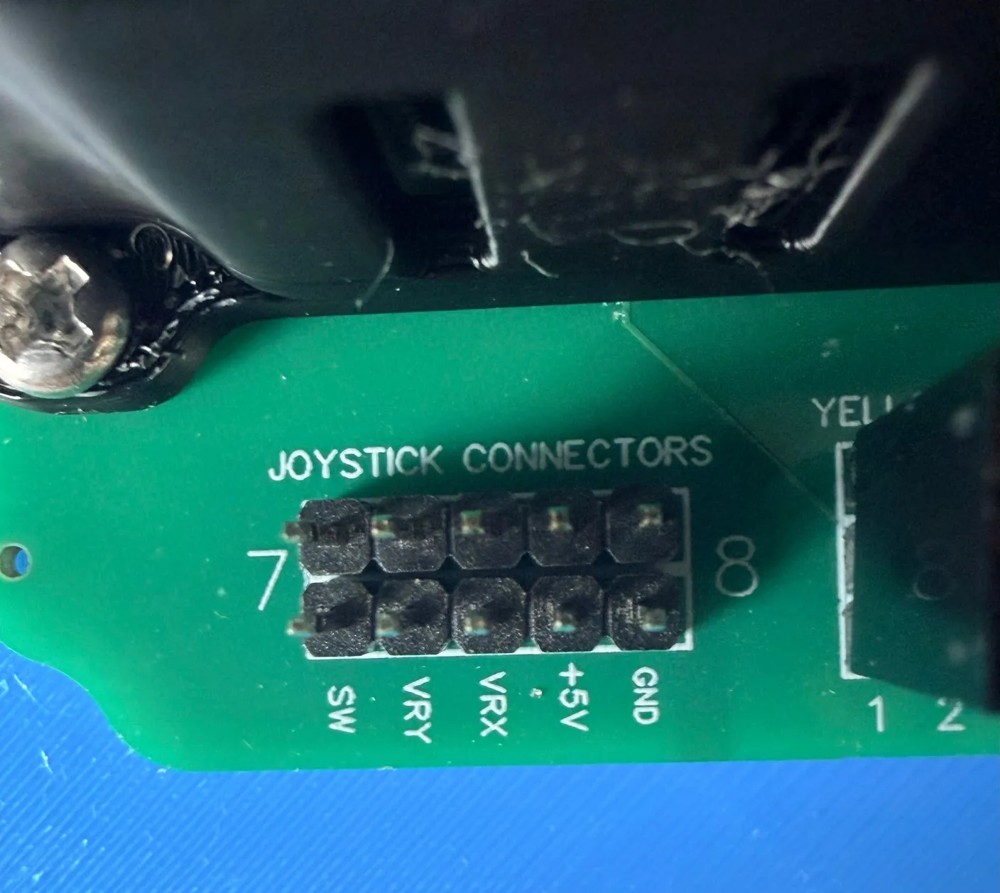 Robotic Eyes build — Wire it up: Notice how each side of the pins on the joystick connectors is labeled either 7 or 8.